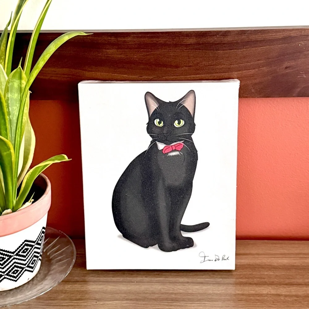 Classy Black Cat Red Bow Tie Cartoon Art Drawing Portrait Canvas Wall Art 8x10”